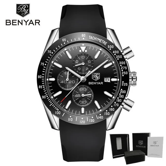 silver black Новинка, мужские часы BENYAR, деловые, полностью стальные, кварцевые, Топ бренд, Роскошные, повседневные, водонепроницаемые, спортивные, мужские наручные часы, Relogio Masculino - Цвет: silver black