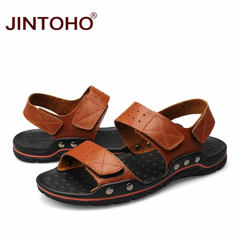JINTOHO мужские кожаные сандалии больших размеров Модные дышащие летняя мужская
