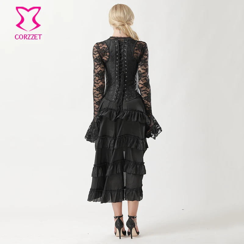 Викторианская готика Корсетная юбка платье Бурлеск Черный парча подгрудный