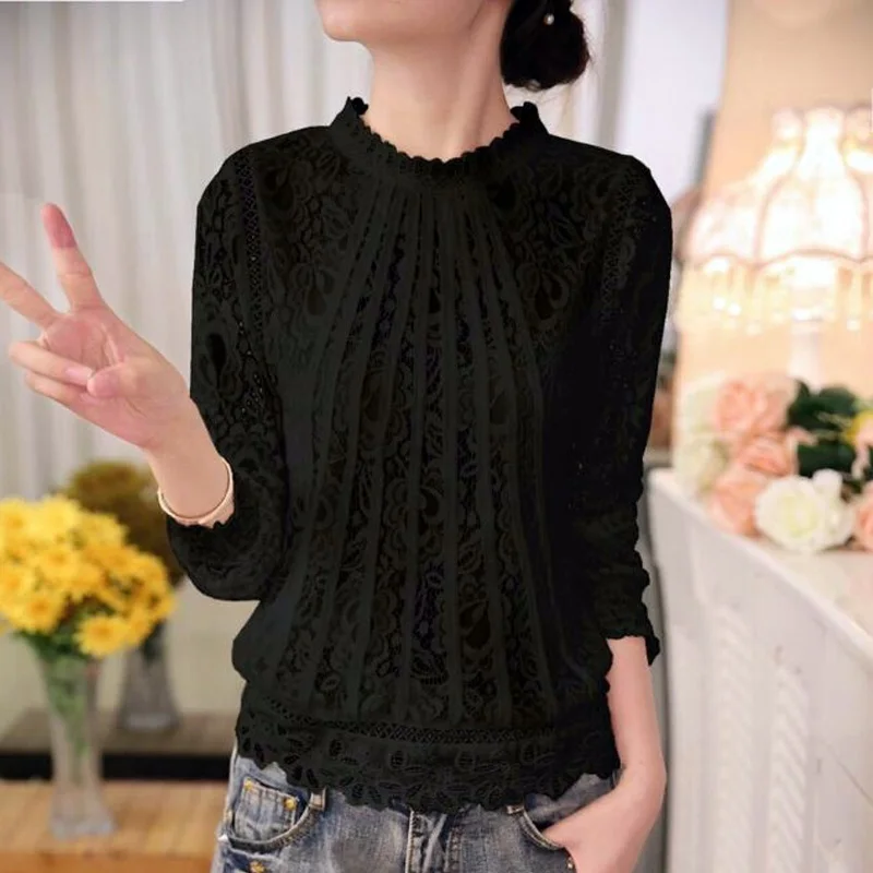 Black 1 Jocoo Jolee Сексуальная Женская кружевная блузка Рубашки с длинным рукавом шифоновое кружево крючком топы женские белые блузки женская блузка - Цвет: Black 1