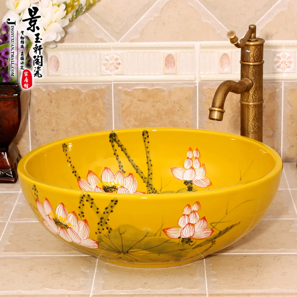 Jingdezhen керамический умывальник ручной росписью желтый Лотос ванная сантехника