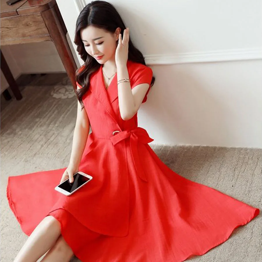 Летнее платье с поясом Повседневное средней длины оборками женские платья