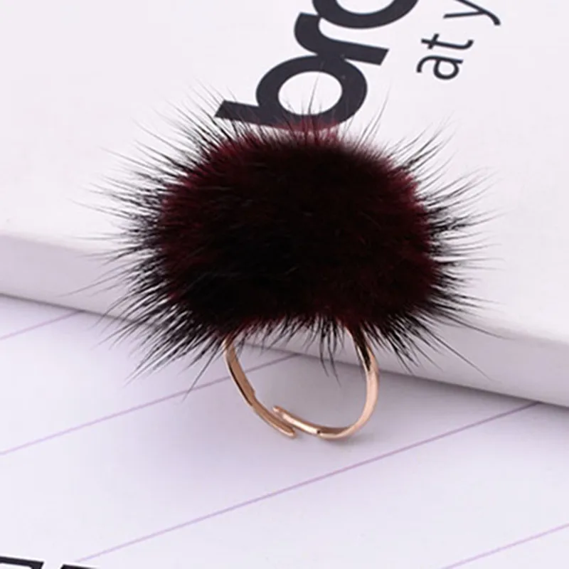 Кольцо шариков женское регулируемое ювелирное изделие с помпоном из меха норки