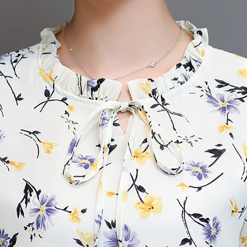 Женская шифоновая блузка с цветочным принтом рубашка расклешенным рукавом