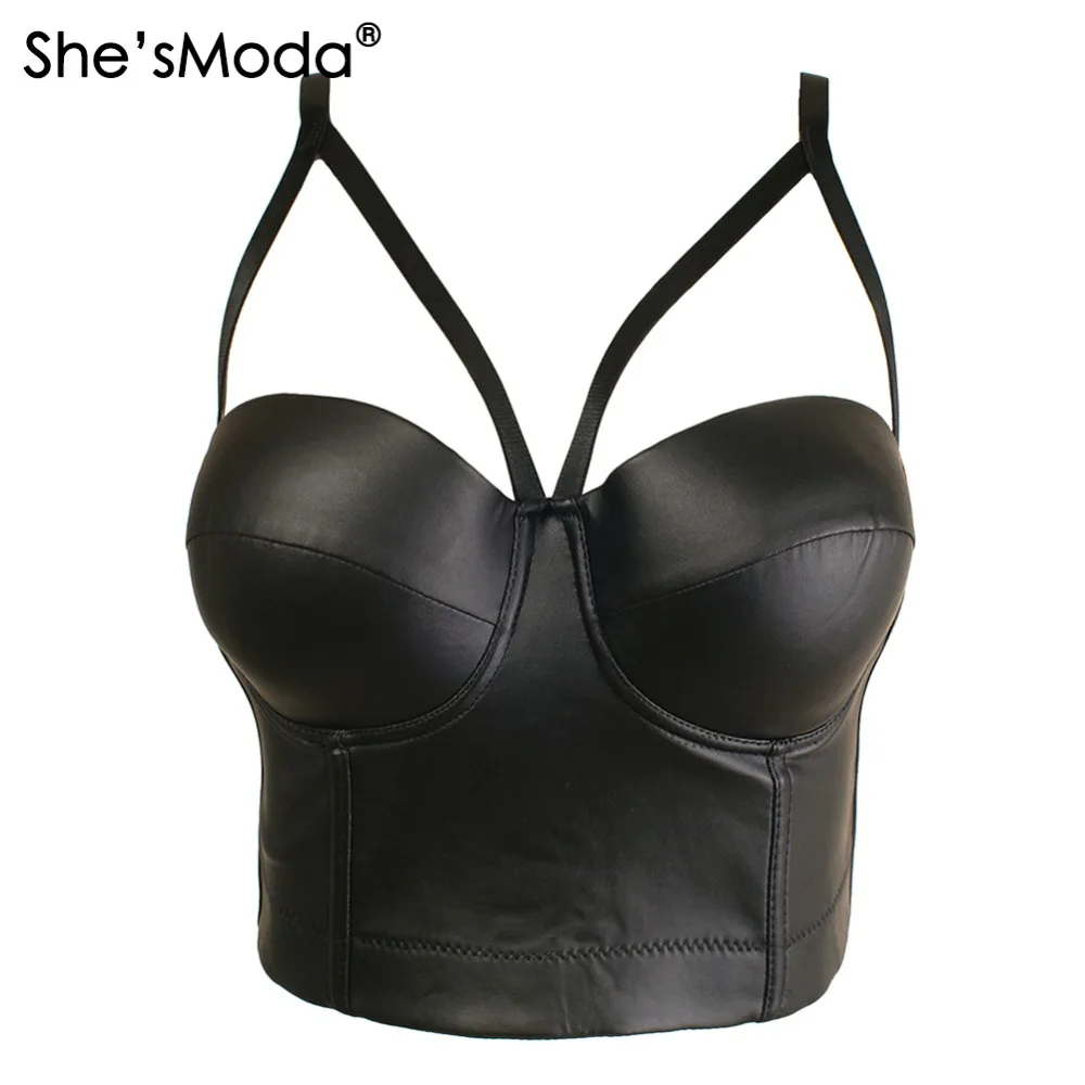 She'sModa матовый из искусственной кожи вырезать крест Bralet Для женщин Бюстье бюстгальтер ночного клуба вечерние укороченные топ, жилет размера плюс