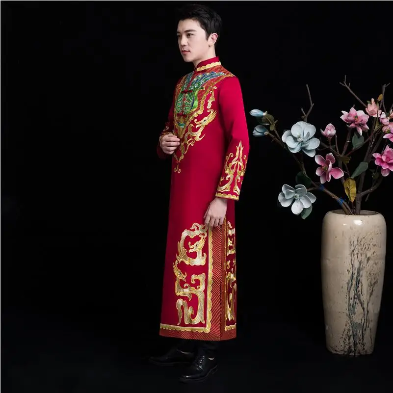 

Asia Element male Tang Suits Jacket + Robe traditional Wedding costume groom Gown wedding bridegroom Clothes for Oversea Chinese