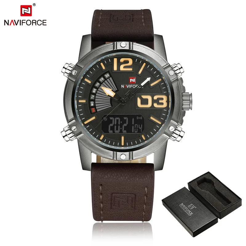 NAVIFORCE, мужские часы, цифровые, спортивные, мужские, s, наручные часы, лучший бренд, Роскошные, военные, армейские, кожаный ремешок, аналоговый, светодиодный, кварцевые, мужские часы 9095 - Цвет: NA909501 with box
