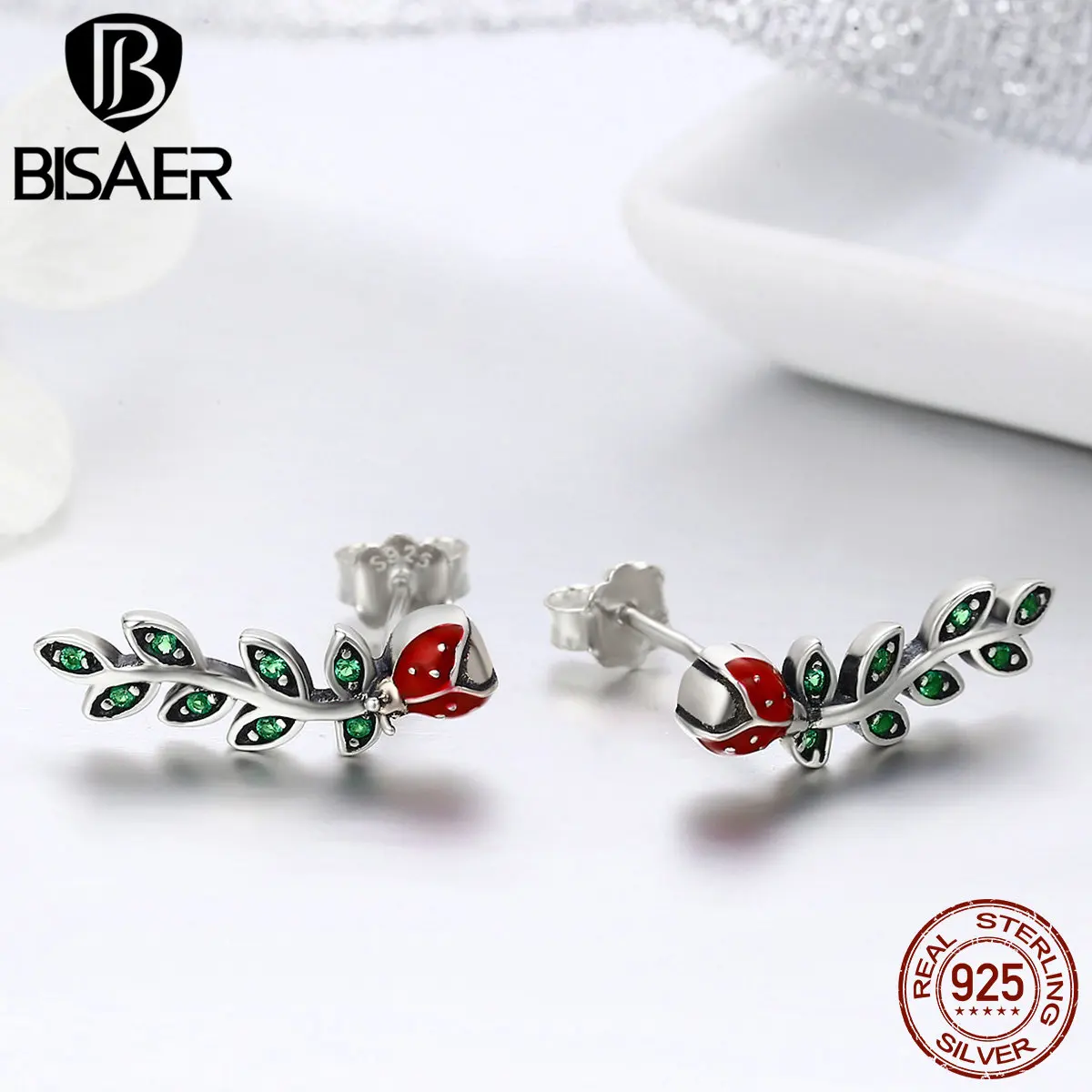 BISAER, 925 пробы, серебряные, коллекция насекомых, Божья коровка с листьями, серьги-гвоздики для женщин, 925 серебряные ювелирные изделия, GXE314