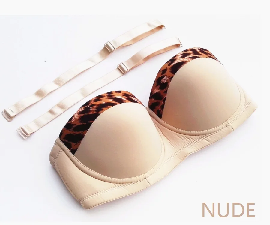 Nude 36D-46D Женский Сексуальный Бюстгальтер-балконет с леопардовым принтом, мягкий бюстгальтер без бретелек, половина чашки, на косточках, силиконовый ремешок, многополосный бюстгальтер H917 - Цвет: Nude
