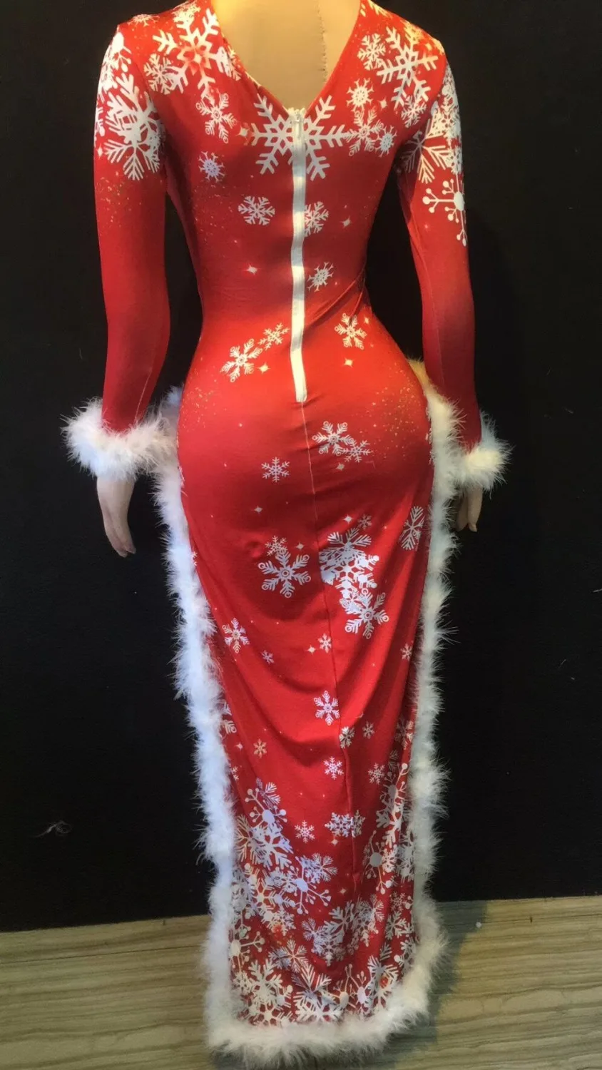 Рождественский стиль женские сексуальные красные кристаллы белый пух Cheongsam