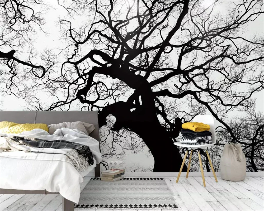 

Beibehang современные минималистичные черно-белые эскизы большого дерева Настенные обои абстрактные деревья фон для телевизора настенные 3d об...
