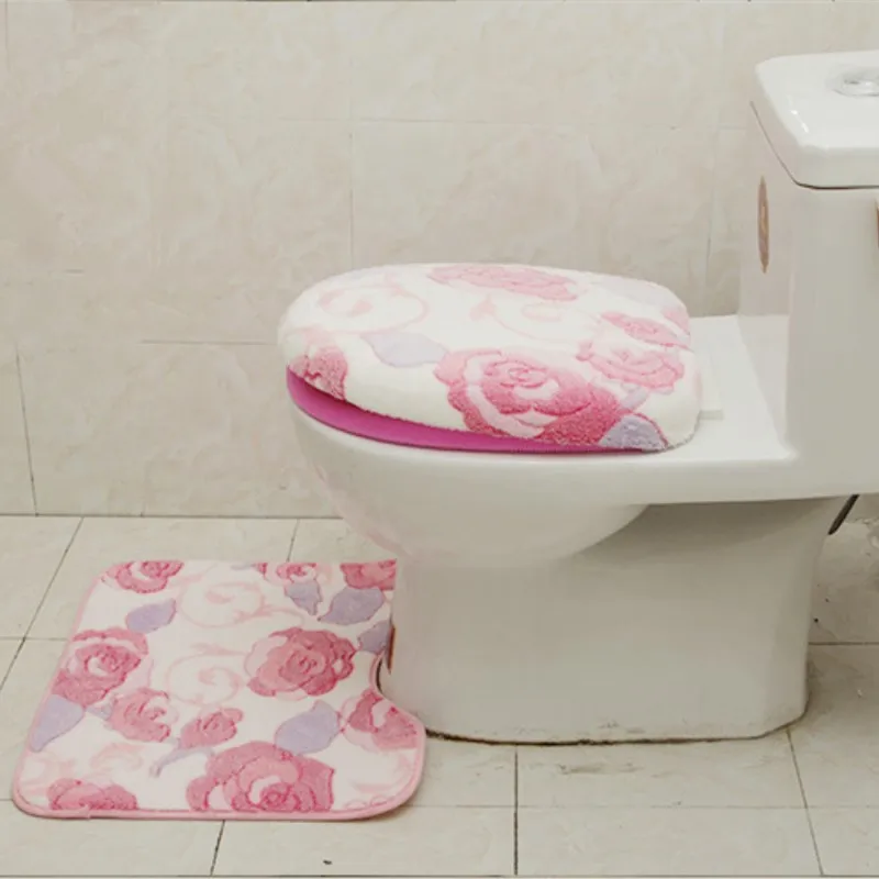 3 Pieces/Set Warm Heart Pattern Anti-Silp Bath Mat Flannel Contour Rug Lid Toilet Cover Carpet Bathroom Set | Дом и сад