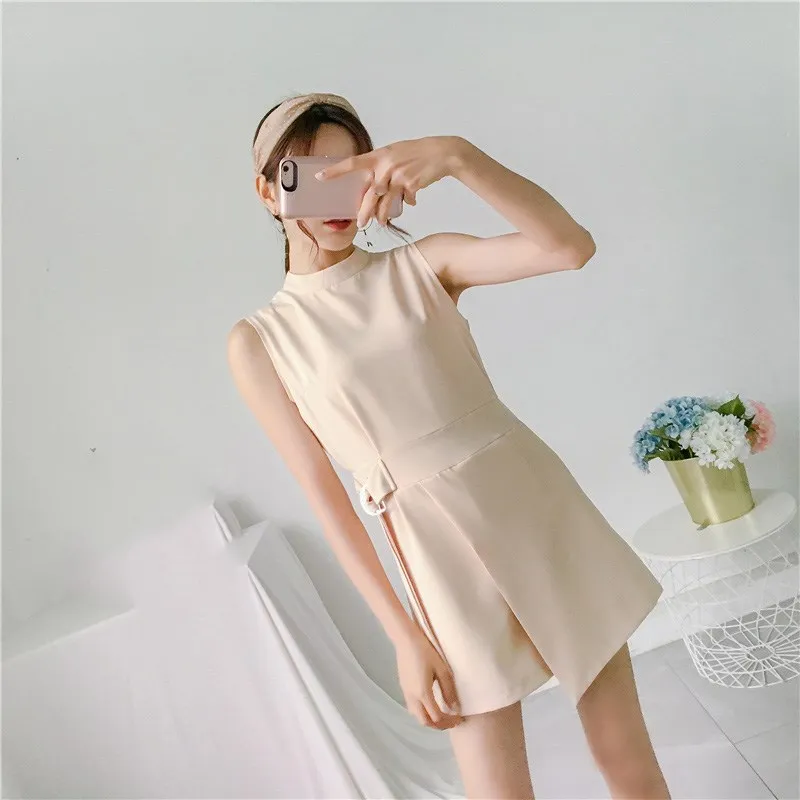 Женский Облегающий комбинезон с поясом короткий без рукавов воротником стойкой