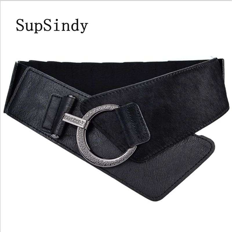 SupSindy Women's down Coat wide belt vintage metal buckle elastic luxury dress belt for women Black PU Leather Female Waistband