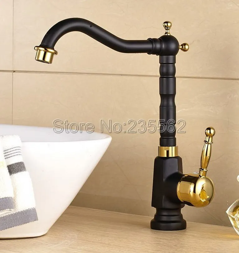 

Black Gold Brass Kitchen Faucet 360 Swivel Bathroom Basin Sink Mixer Tap Single Lever Deck Mounted Lnf807