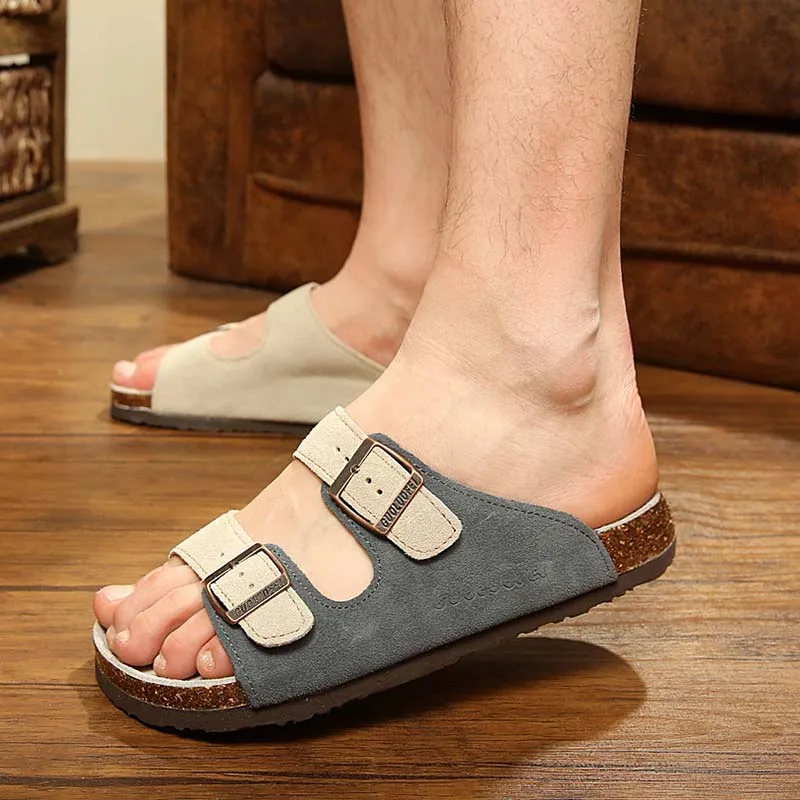 beige gray Летние мужские замшевые туфли сабо из коровьей кожи Высококачественные мягкие пробковые шлепанцы с двумя пряжками для мужчин и женщин, унисекс, Размеры 35-46 - Цвет: beige gray