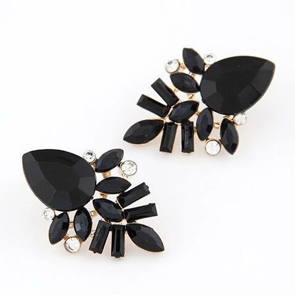 Модные женские серьги гвоздики со стразами синие/черные/розовые с цветком и