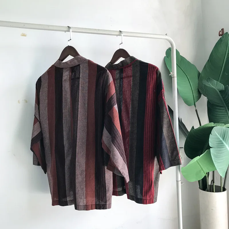 INS/рубашка в полоску кимоно топы для мужчин рукав Семь четвертей японское