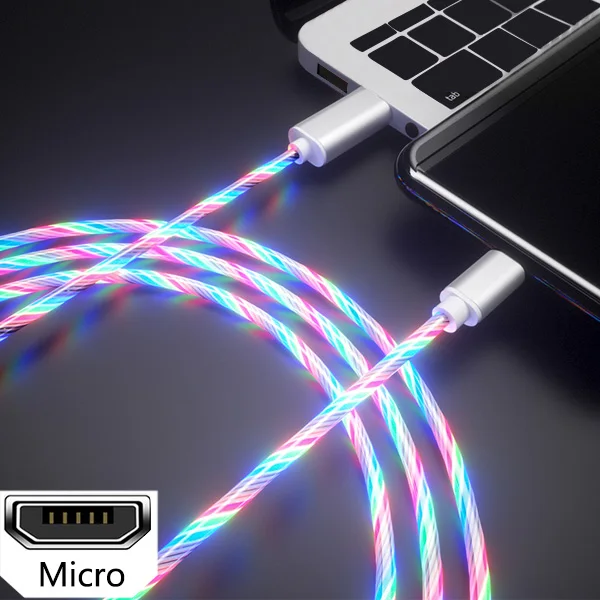 colorful micro Светящийся кабель для зарядки мобильных телефонов светодиодный светильник Micro usb type C зарядное устройство для iPhone X samsung Galaxy S8 S9 зарядный провод шнур - Цвет: colorful micro