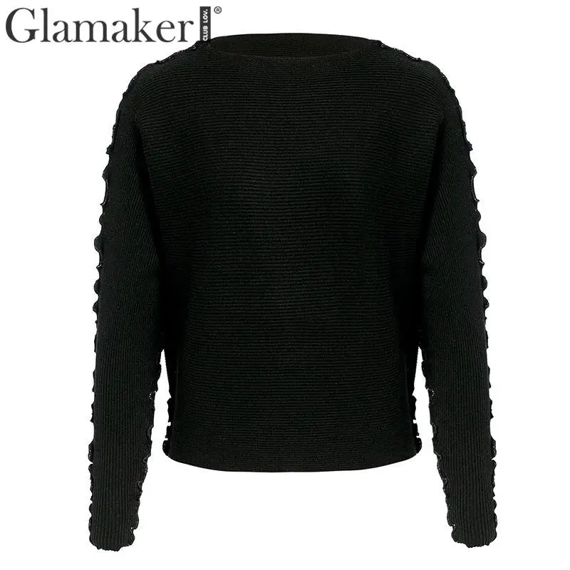 Женский вязаный свитер Glamaker повседневный однотонный черный джемпер с рукавами
