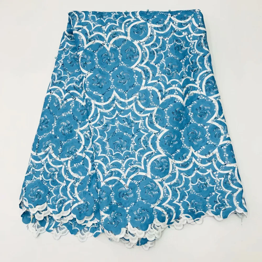 

2018 New Fashion Blue White With Beaded Milk Silk Print(polyester) Super Soft Guipure Lace Fabric For Women's Dress, Skirt AFRF