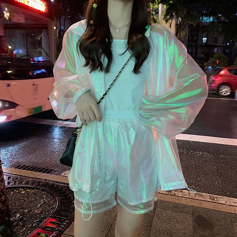 Harajuku/лазерный костюм для девочек комплект из двух предметов: пальто и шорты