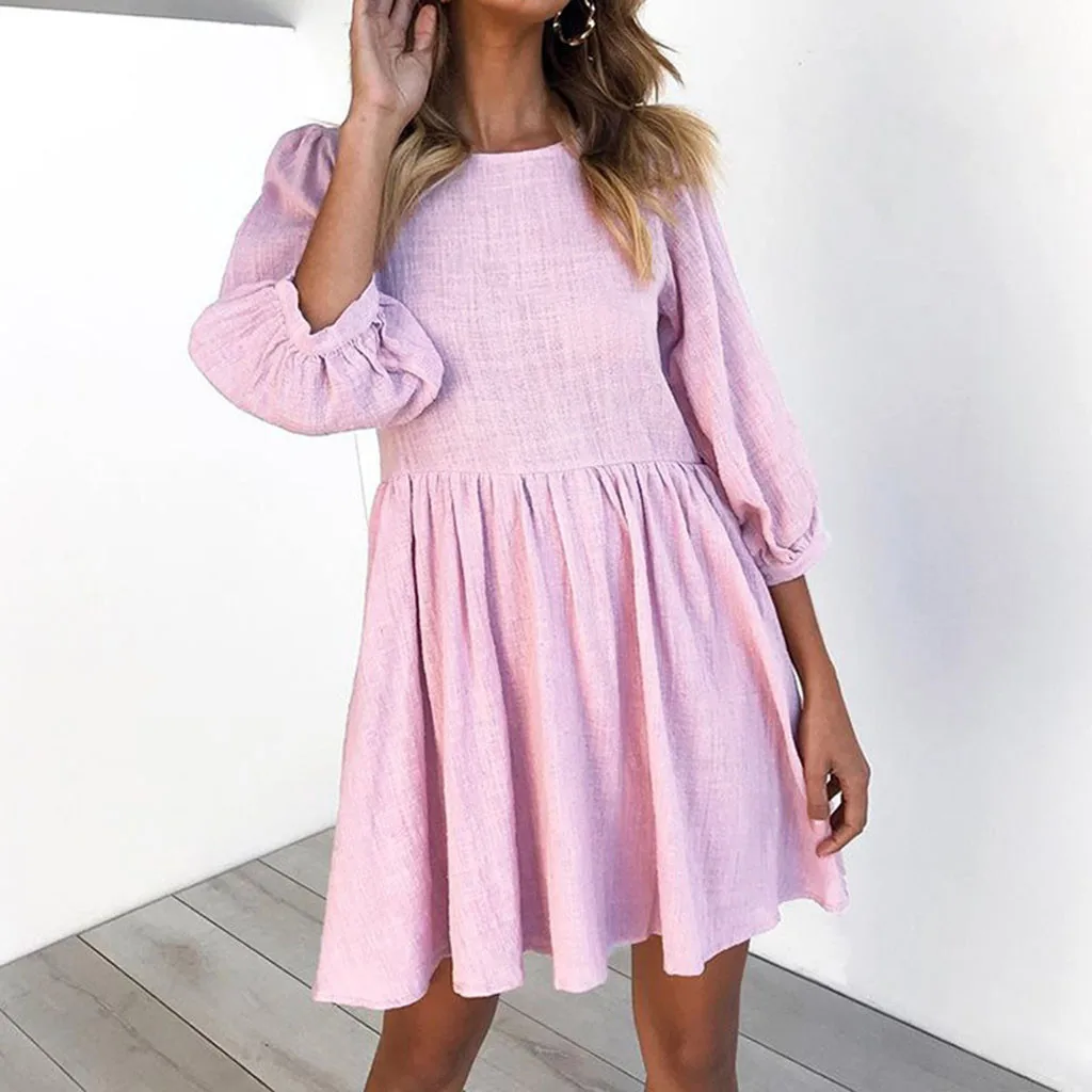 Новое поступление 2019 женское однотонное платье с круглым вырезом и рукавом до