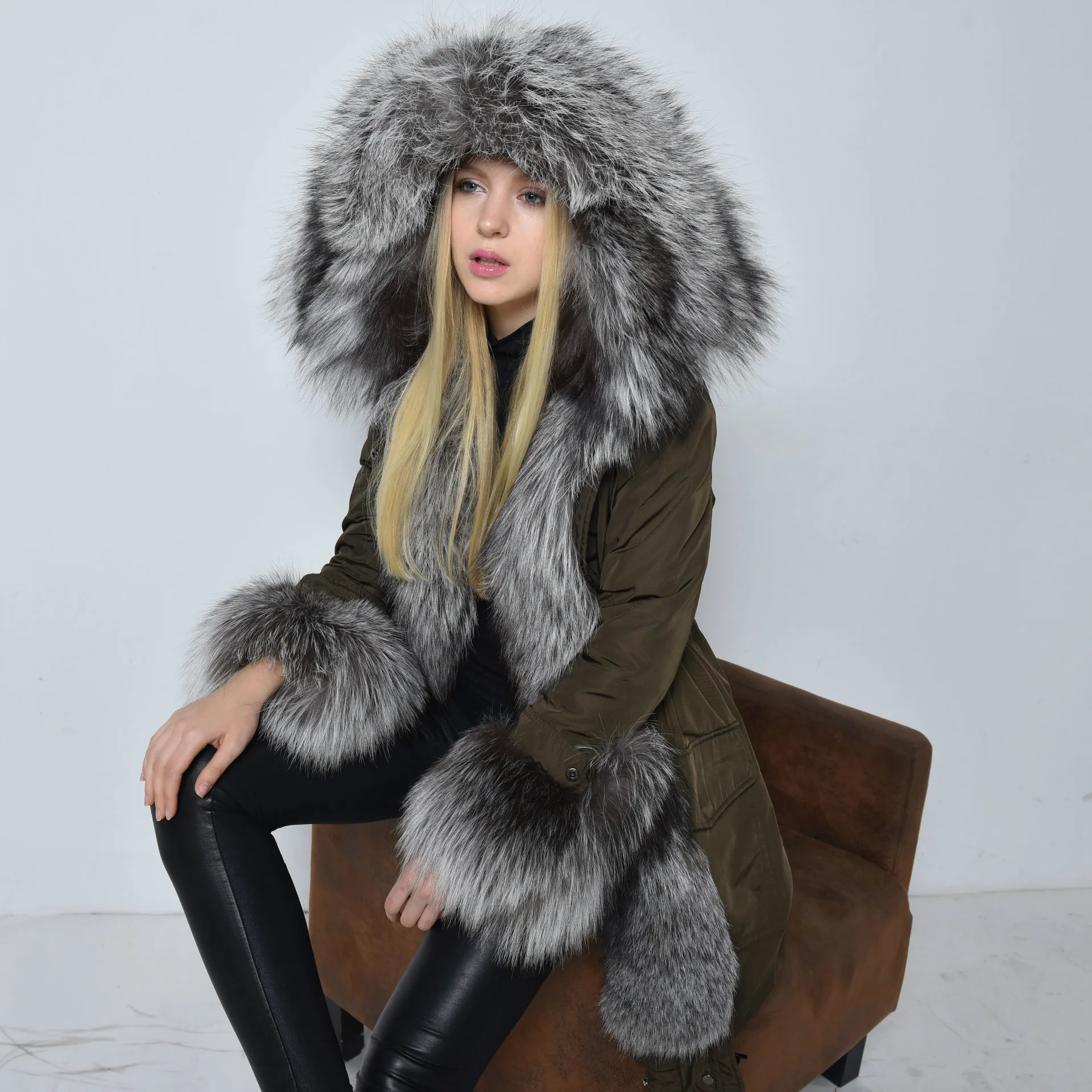 Super Silver Fox Меховой Бренд Вниз Пальто Новый Зимний женщин Роскошные Длинные