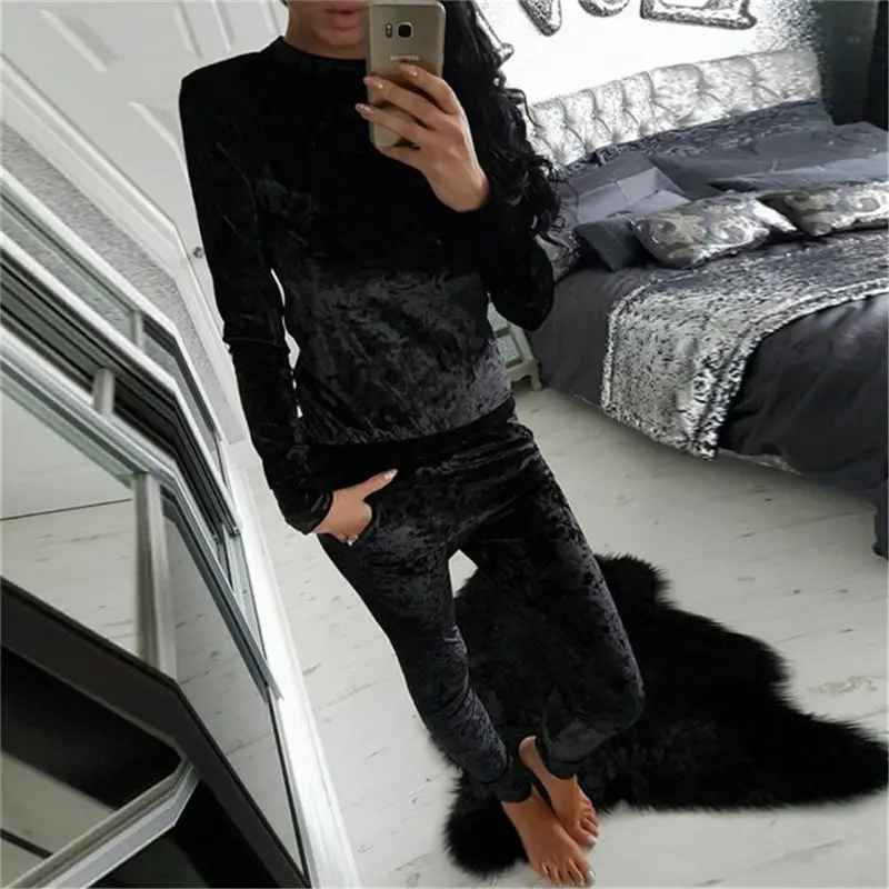 LUO SHA 3XL 6 цветов Бархатный спортивный костюм женский костюм Бархатный комплект Топ с длинным рукавом+ брюки велюровый спортивный костюм наборы для женщин спортивный костюм