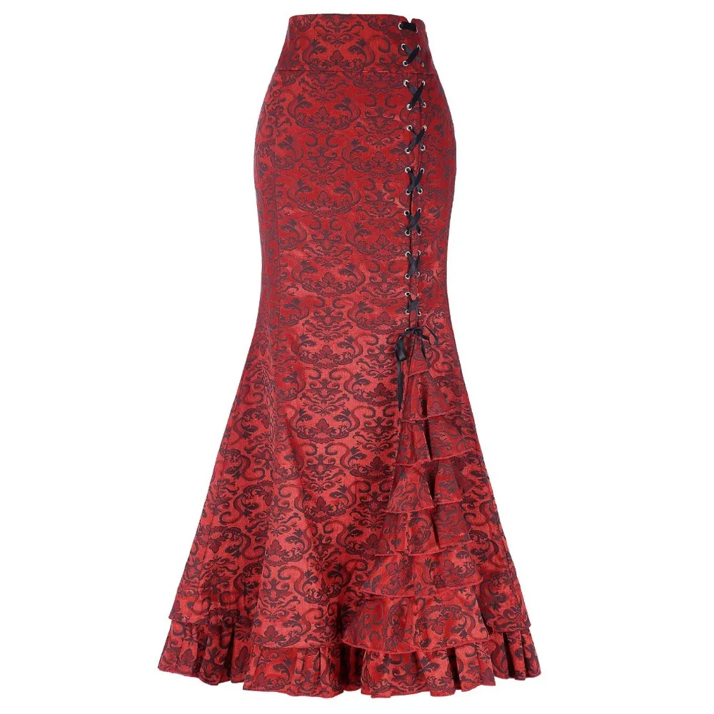 

Women Skirts Court Vintage Retro Victorian Style Skirt Ruffles Lace Up Floral Jacquard Medieval Costume Mermaid Long Maxi Skirt