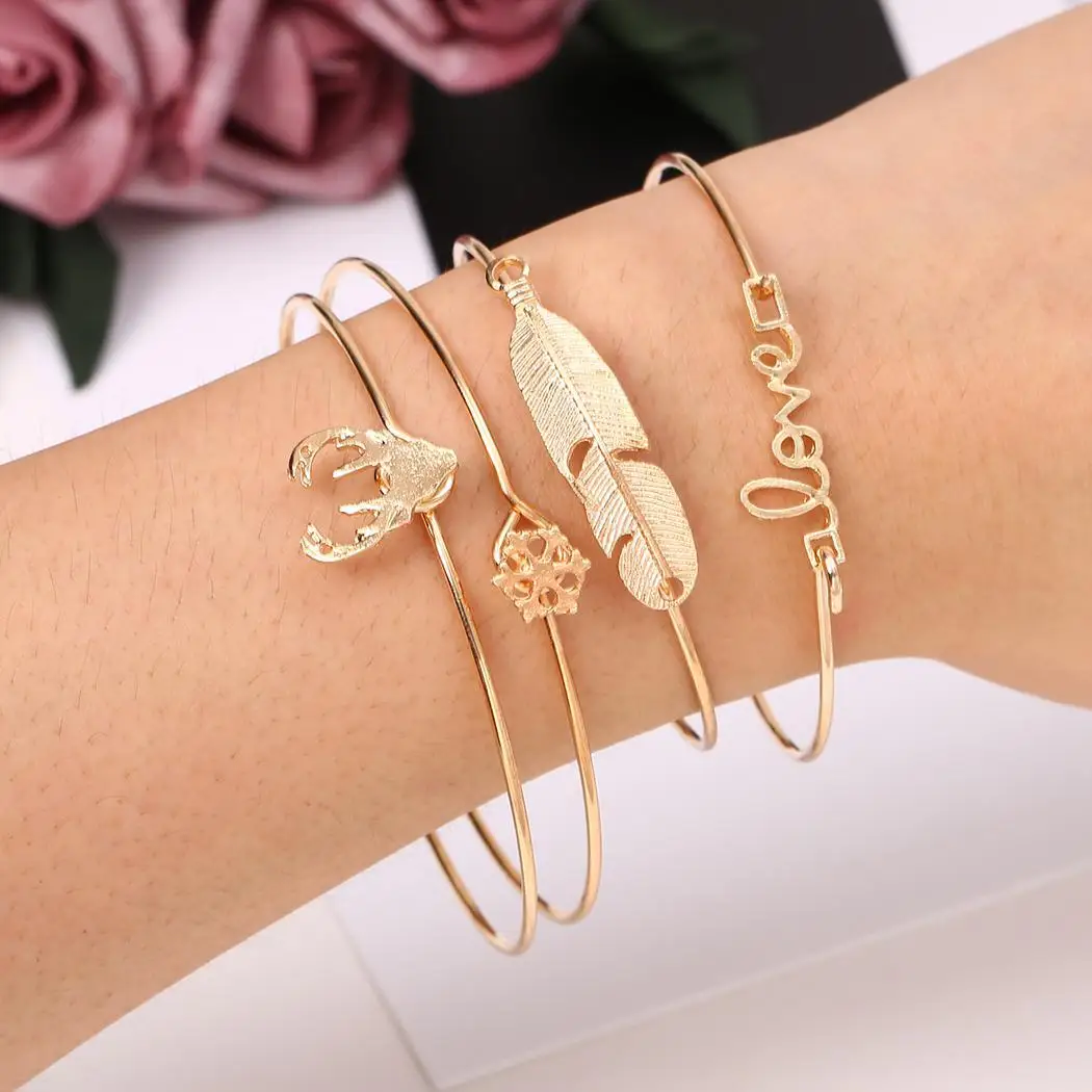 Golden Set Stackable Hasp Silver Open Letter Pattern Heart Adjustable Feather Cuff Women Party Bracelet Casual | Украшения и