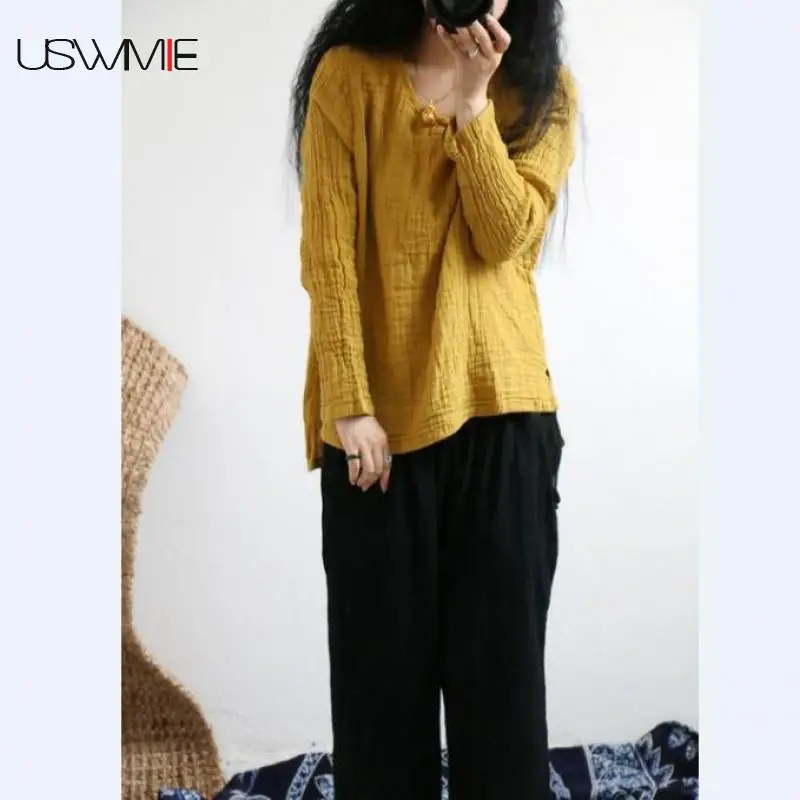 

USWMIE 2020 Spring New Vintage Modified Button Casual Simple Pullover O-neck Solid Color Long Sleeve Plus Size Bottoming Tops