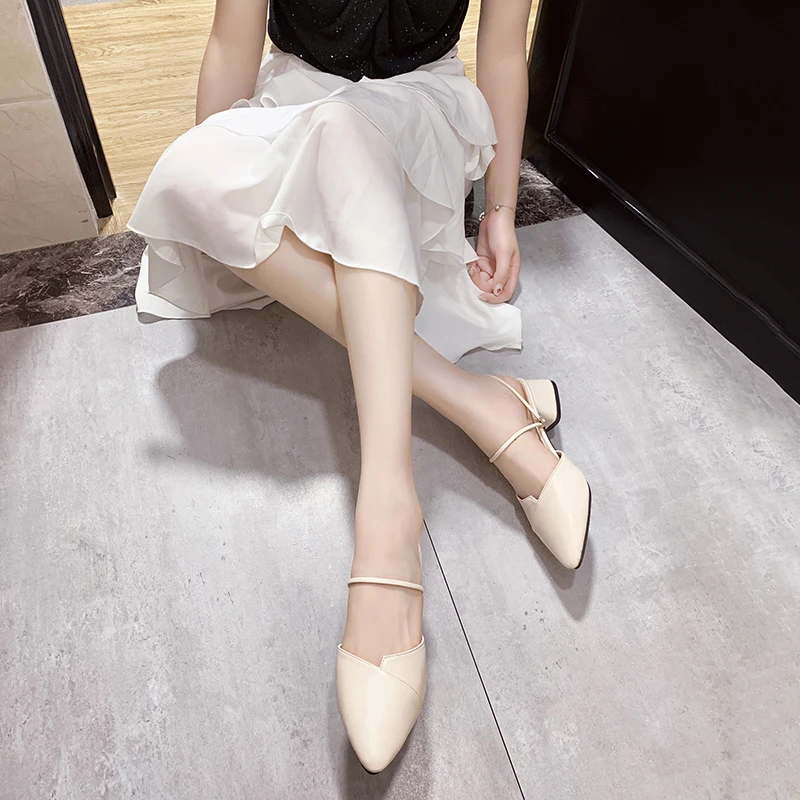 Party Women Mules Slipper Pointed Toe Block Strap Closed Shallow High Heels Shoes Sandals Black Beige Square heel Pumps