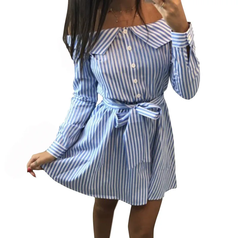 Женское офисное платье-рубашка повседневное мини-платье в полоску с открытыми