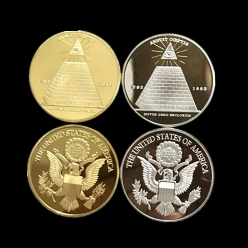 

2 шт. Национальная эмблема США ордо церковь Пирамида монеты посеребренные позолоченные сувенирные монеты набор