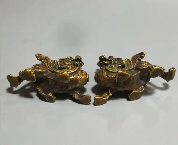 

China Pure brass mythical wild animal small Statue A pair