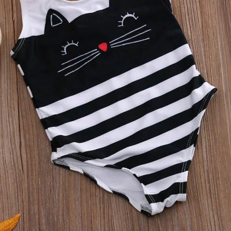 2017 г. Цельный купальник в полоску с милым принтом котенка для маленьких девочек