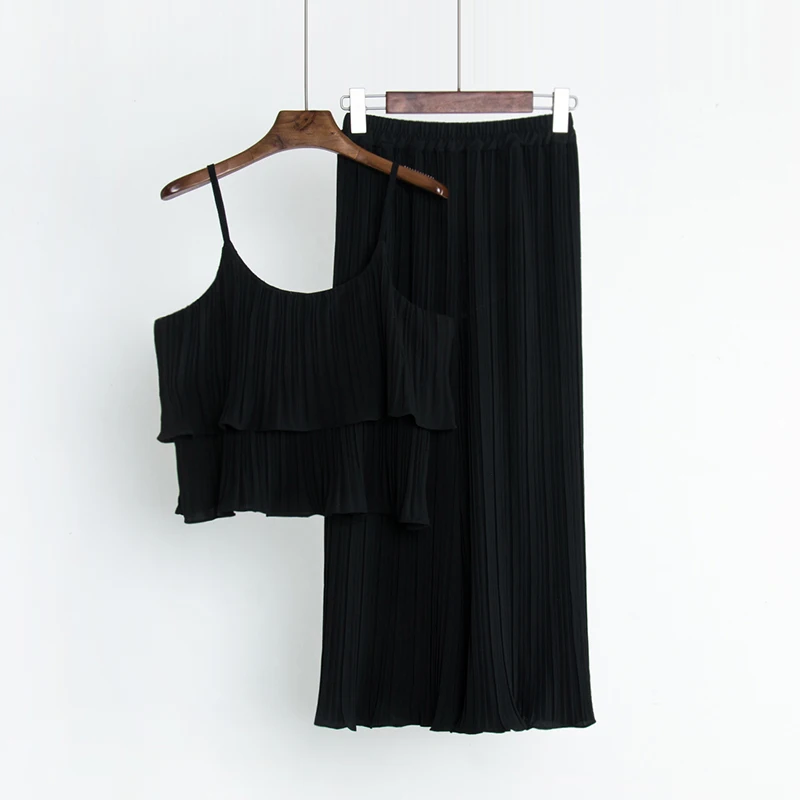 Летние модные женские комплекты 2019 Новый однотонный плиссированный комплект из 2