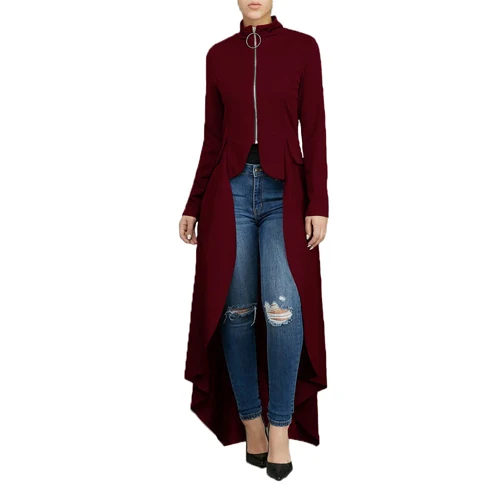 Burgundy Tunic Туника макси на молнии женские свободные блузки осенние стильные элегантные с длинным рукавом высокая низкая туника топ Женская блузка размера плюс AM0285 - Цвет: Burgundy Tunic