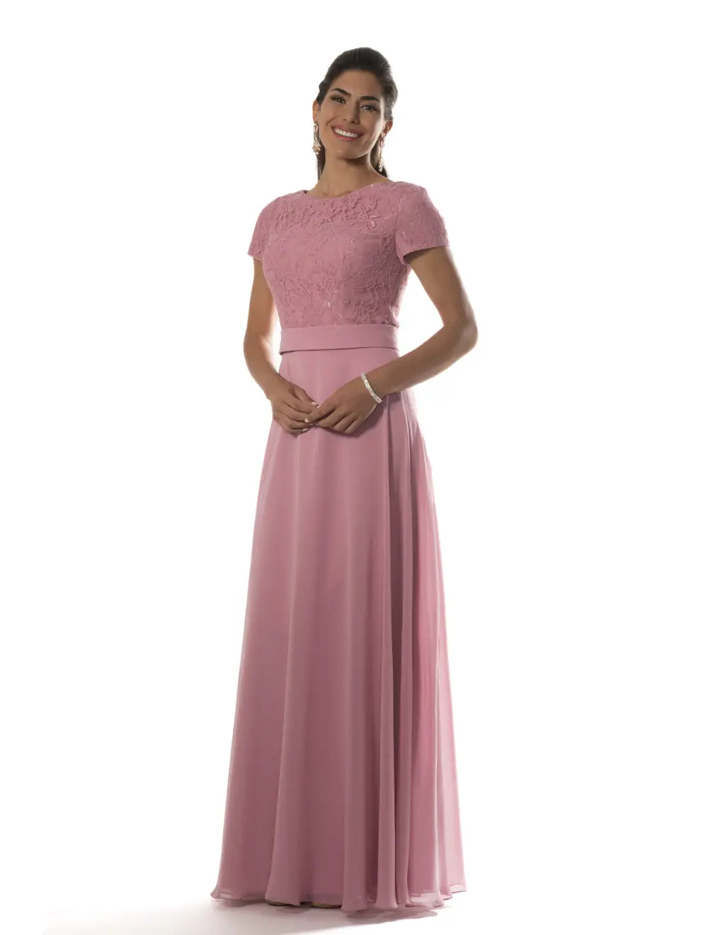 Бледно розовый с длинным кружевным лифом шифон Скромные платья для подружки