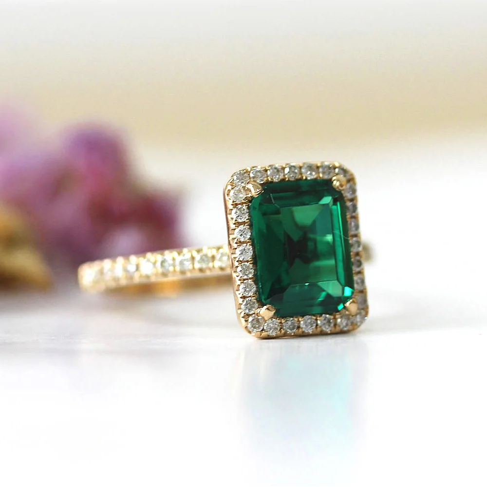 14 к желтое золото 2.7ct карат изумрудная огранка обручальное кольцо для женщин зеленый муассанит кольцо с бриллиантами набор Тест Положительный