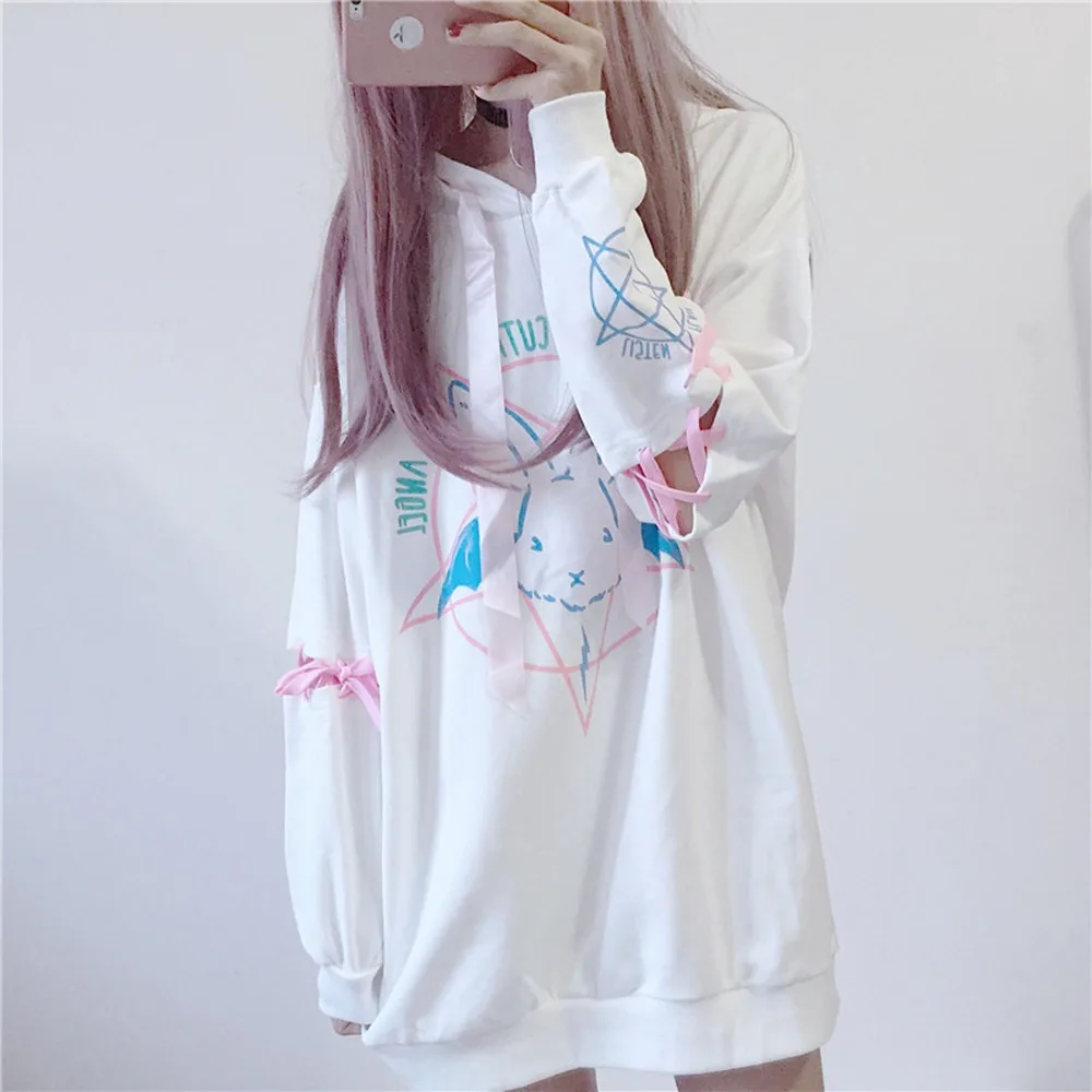 Новая корейская мода длинный флисовый свитер с капюшоном и принтом кролика