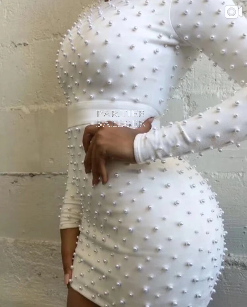 Новое поступление Chic Перл Украшенные одежда с длинным рукавом с круглым вырезом длиной выше колена Знаменитости вечерние клуб Повседневное закрытый купальник платье
