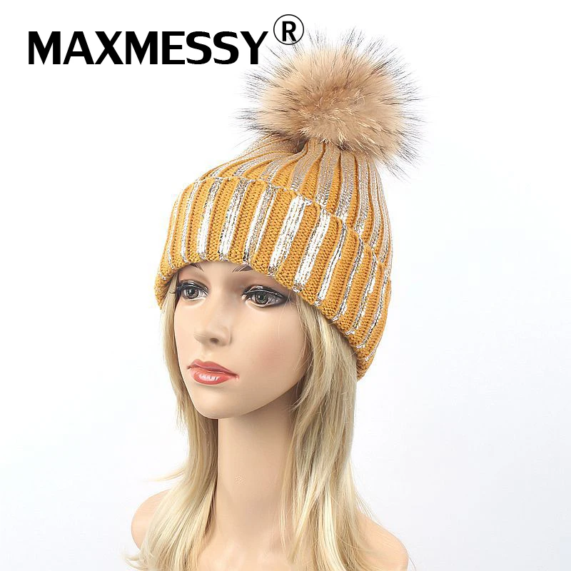Maxmessy толстые Bronzing Серебряный шапки енота меховым помпоном шапка для Для женщин