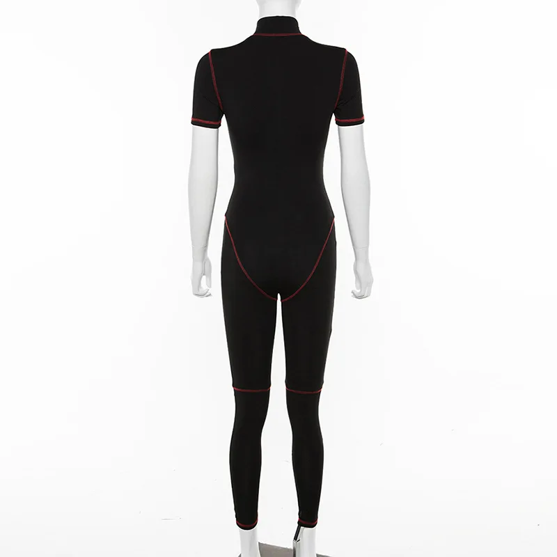 

Sexy Jumpsuit Long Pants Fitness Women Short Sleeve Turtleneck Front Zipper Overalls for Women One Piece Jumpsuit Leggings