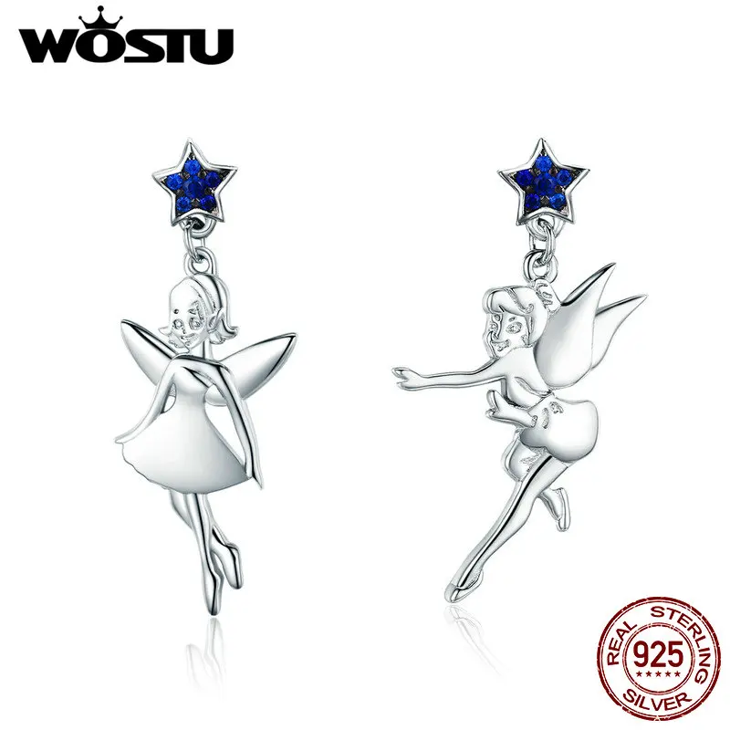WOSTU, лидер продаж, новинка, 925 пробы, серебро, танцующая фея, голубой CZ, висячие серьги для женщин, Стерлинговое Серебро, модное ювелирное изделие, подарок CQE376