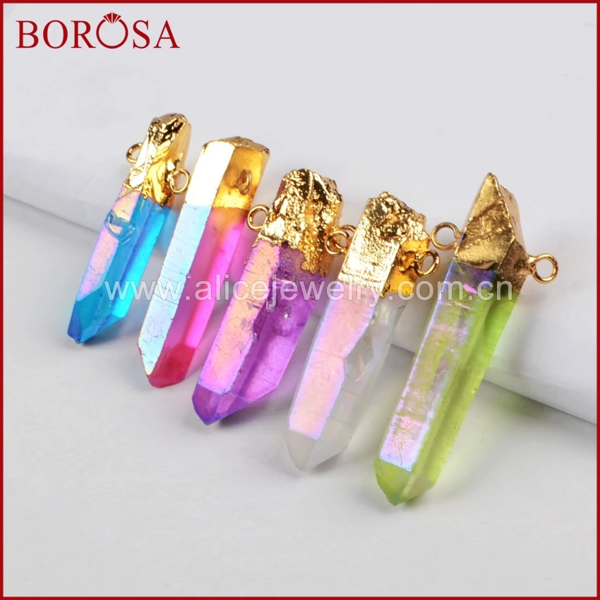 BOROSA 5 шт. Золотая радужная Титан Природный кварц Кварцевые острая Подвеска из