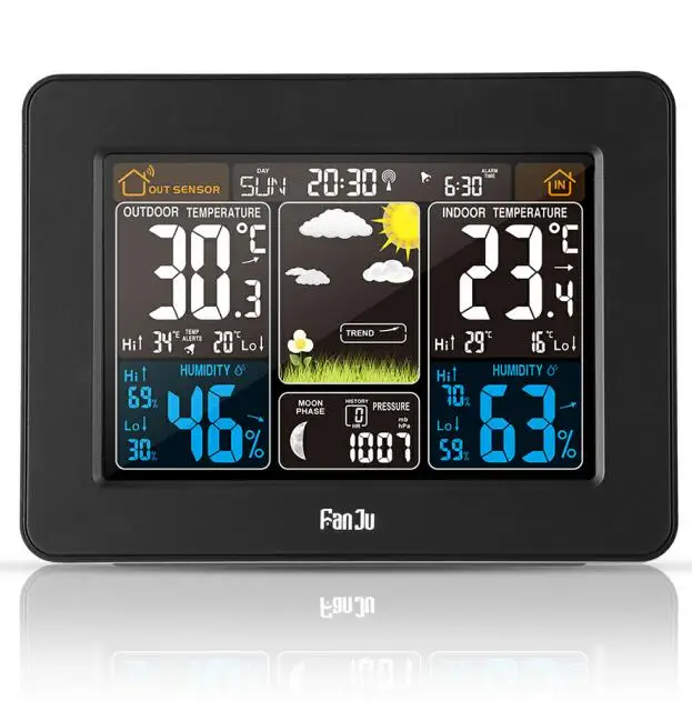 FanJu fj3365 Погодная станция Многофункциональные цифровые часы температура влажность Despertador Moon Phase настольный ЖК-будильник - Цвет: Black