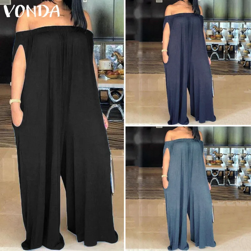 VONDA, летние Широкие штаны, женский сексуальный комбинезон с открытыми плечами, одноцветные комбинезоны, винтажные Повседневные Женские панталоны, комбинезон 5XL
