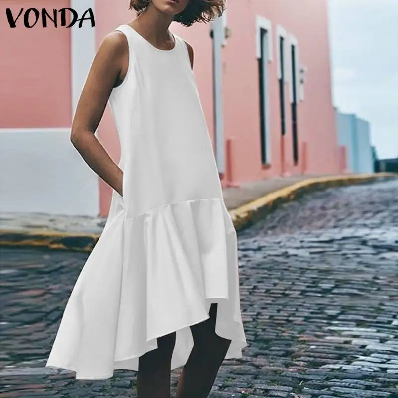 VONDA, летнее платье, женское, сарафан,, сексуальное, без рукавов, с асимметричным подолом с оборками, подол, жилет, платья, Пляжное, длинное, топ размера плюс, повседневное, Vestido